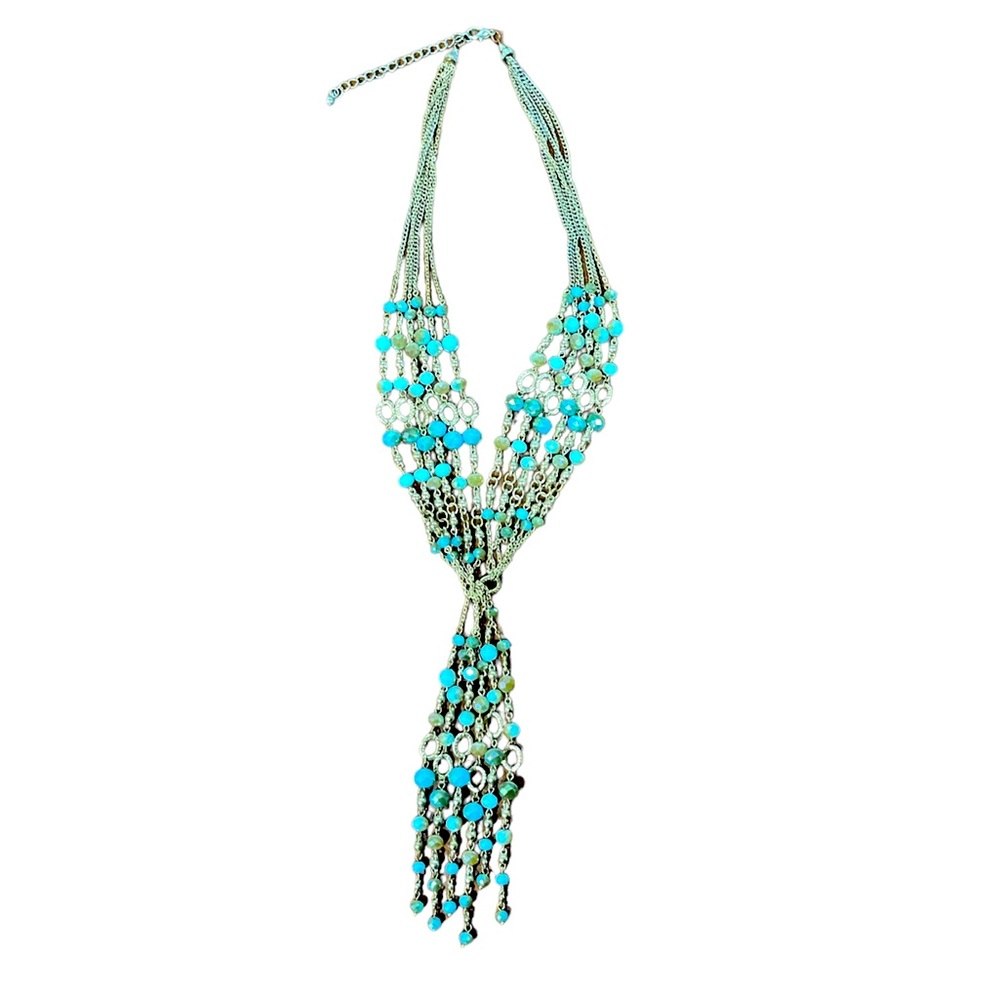 Gold Chain and Turquoise Beaded Multi Strand Statement Necklace